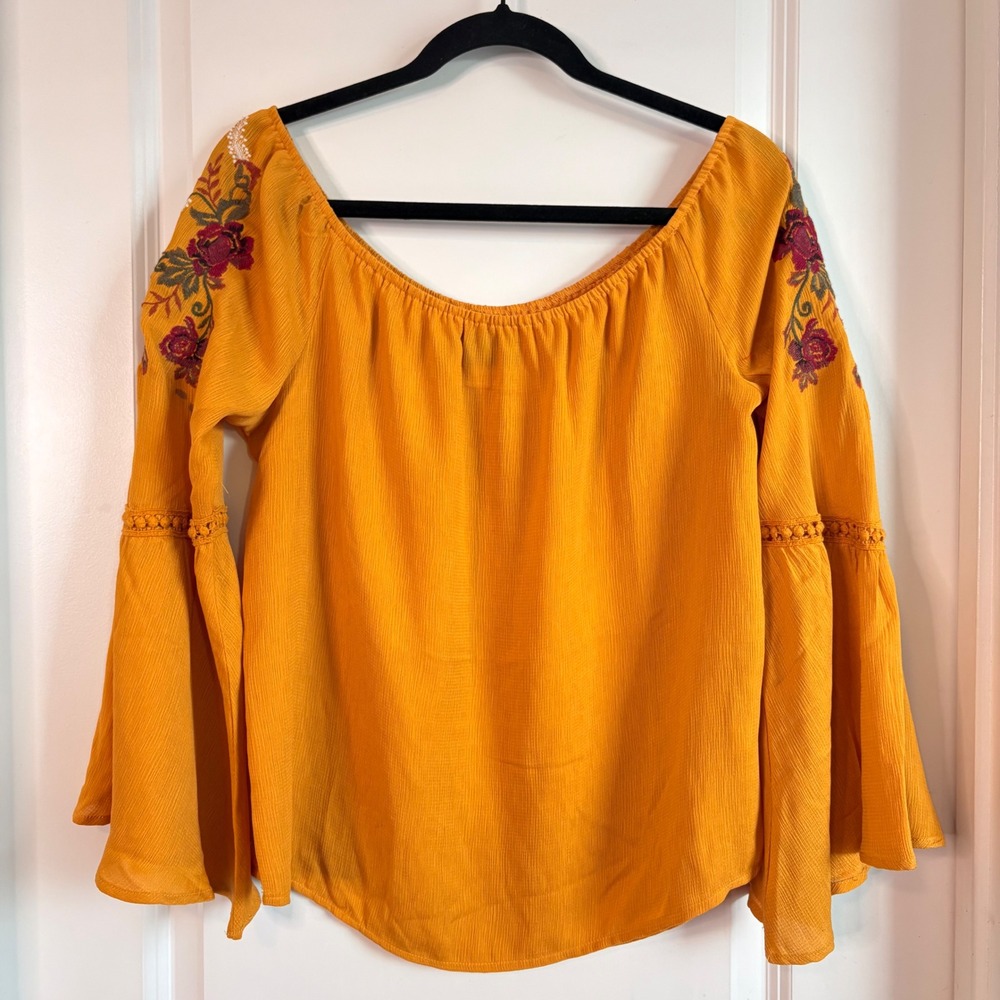 Blue Rain Mustard Yellow Embroidered Off The Shoulder Bell Sleeve Peasant Top M